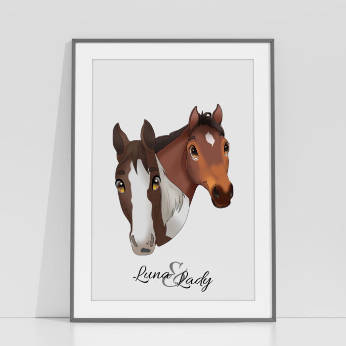 personalisiertes-poster-portrait-fuer-reiter-mit-deinem-pferd-als-trickfilm-whiteroom einzigartiges Portrait deines Pferdes - Trickfilm-Design – Bild 1